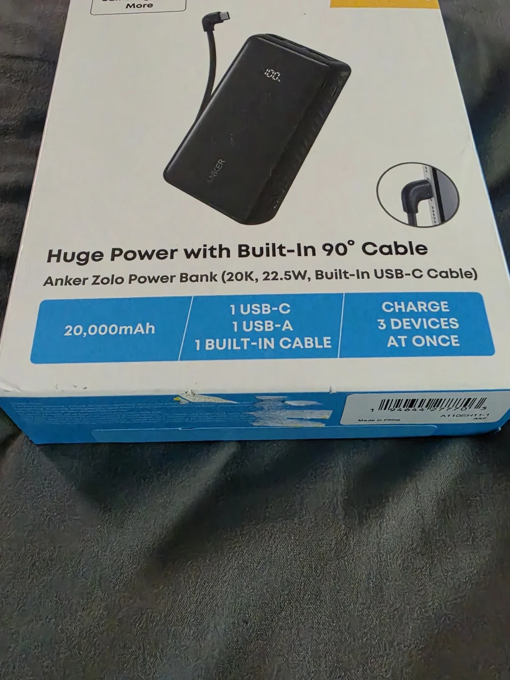 Anker Zolo 20,000mAh Power Bank with Built-In 90° Cable - Black